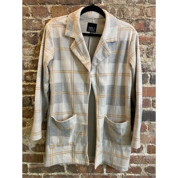 BBJ Los Angeles Tan/Fray Plaid Collared Cardigan Sweater Women’s Size XS - Picture 1 of 9
